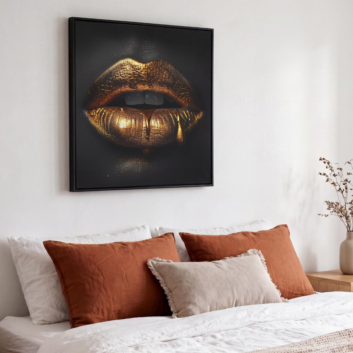 LEINWAND Bilder mit Rahmen - Frau - Porträt - Lippen - Gold - Schwarz - 50x50 - Schwarz, Textil (50/50cm) - MuchoWow