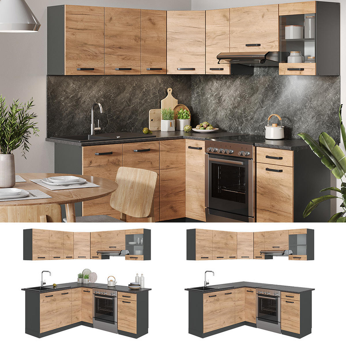ECKKÜCHE Rick Anthrazit/Goldkraft Eiche 187 x 167 cm , AP Schwarz mit LED-Leisten - Anthrazit/Eiche Wotan, Holzwerkstoff (187/81.6/60cm) - Vicco