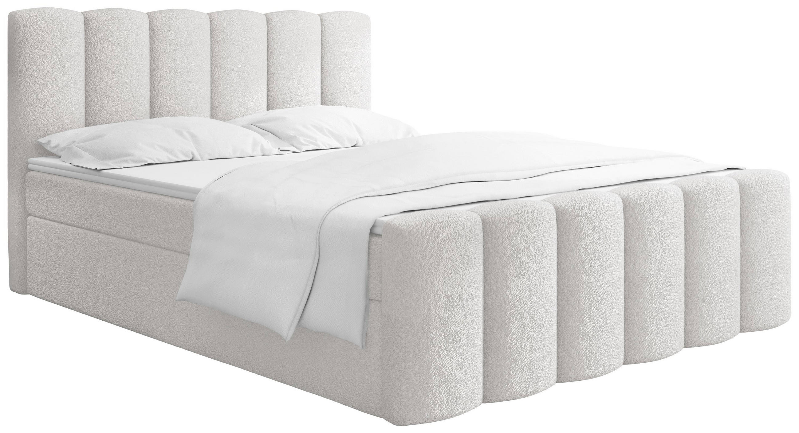 BOXBETT Serenity mit Bettkasten, Boucle Weiß 160x200 cm – inkl. H4 Taschenfederkern Matratze & Foam Topper - Schwarz/Weiß, Holz/Holzwerkstoff (160/200cm) - WFL GROUP
