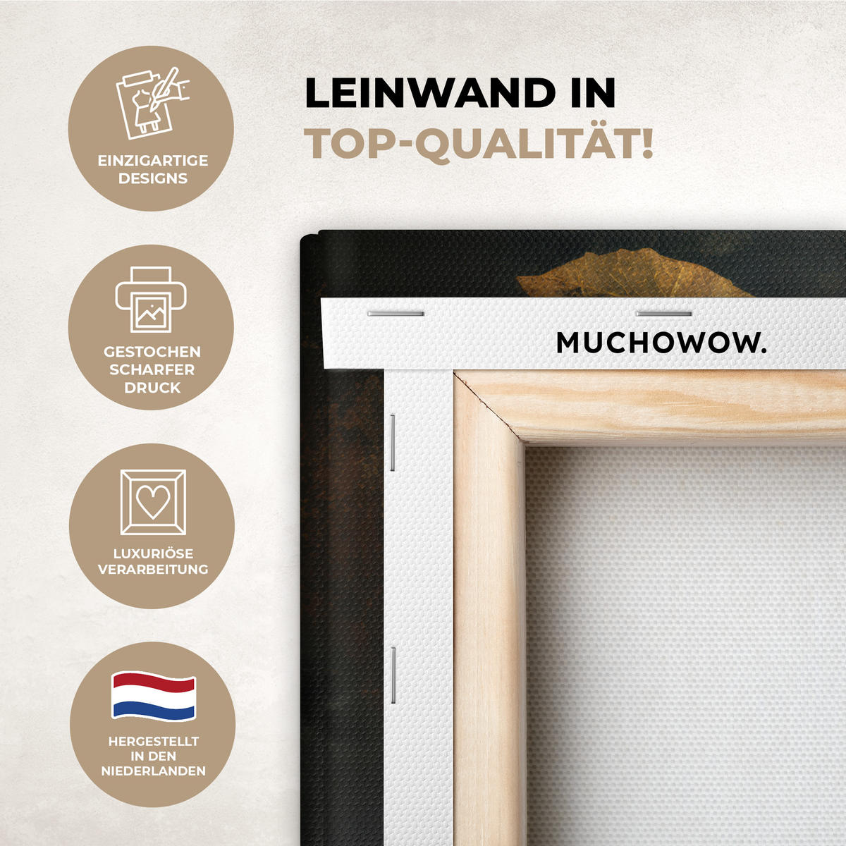 LEINWANDBILD Golden Leaf Komposition - Botanical Luxury Deko Schlafzimmer 30x20 cm - Goldfarben/Schwarz, Textil (30/20cm) - MuchoWow