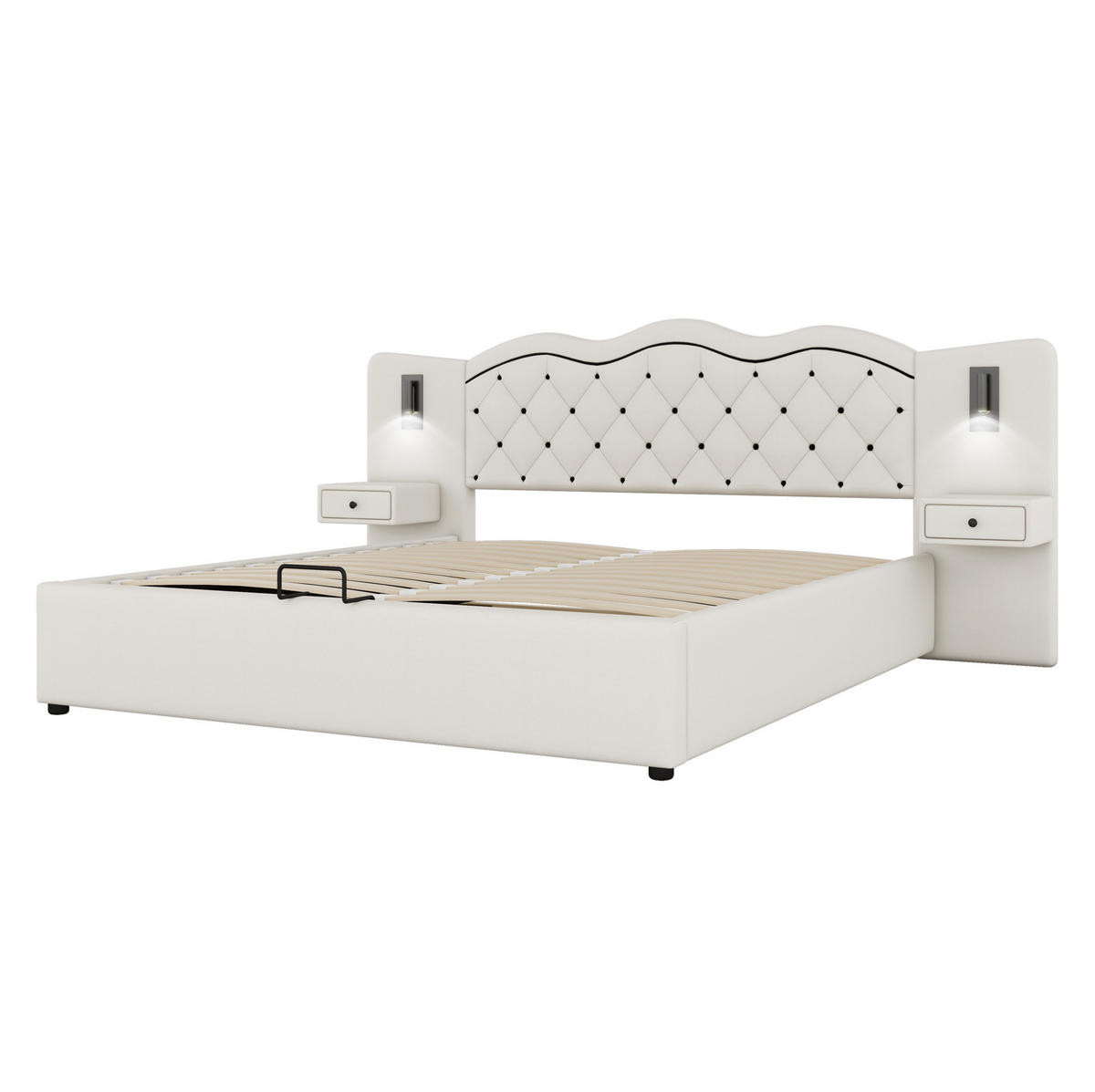 ČALOUNĚNÁ postel 180/200 cm béžová z lnu a MDF s úložným prostorem, USB a osvětlením - béžová, textil (180/200cm) - OKWISH