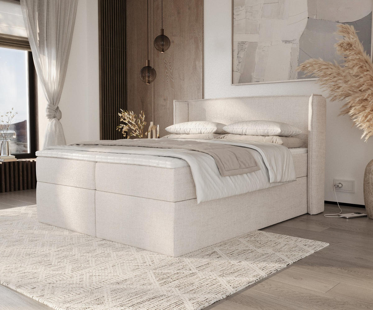BOXBETT Viva 140/200 cm Hellbeige im Neve Stoff - Sandfarben/Schwarz, Holz/Holzwerkstoff (140/200cm) - AltaBeds