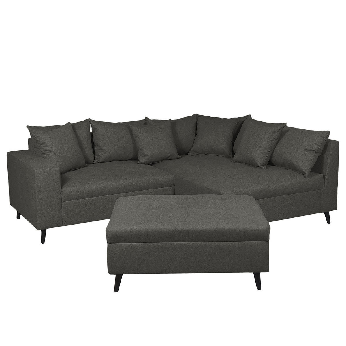 ECKSOFA mit Ottomane und Hocker - Dunkelgrau/Schwarz, Birkenholz/Textil (247/174cm) - home24