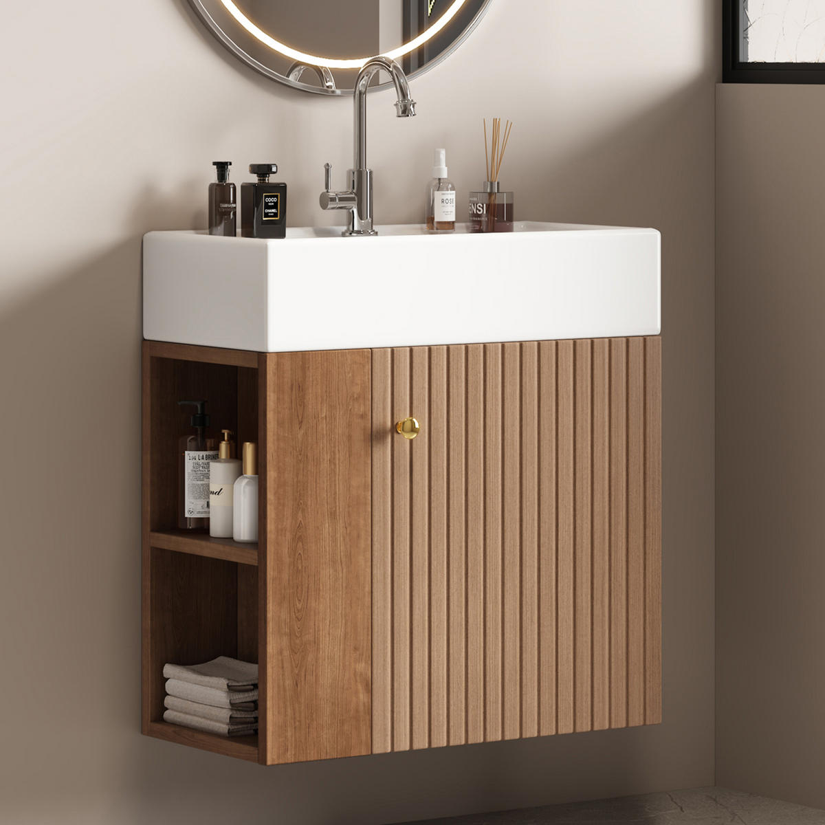 WASCHTISCHKOMBI 55 cm in Braun mit Keramikbecken und Seitenablagen - Braun, Holzwerkstoff (55/66.5/31cm) - Flora Grace