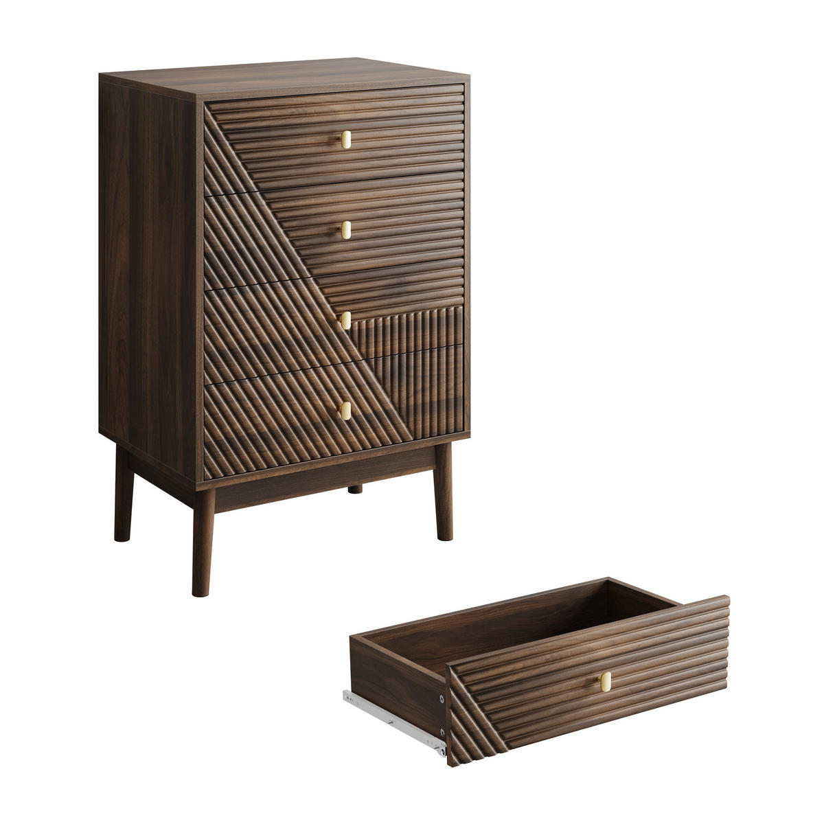 KOMODA 60 cm oreh – predalnik s 4 predali in nogami iz masivnega lesa, moderna - barva oreha/rjava, leseni material (60/90/40cm) - Urban Meuble