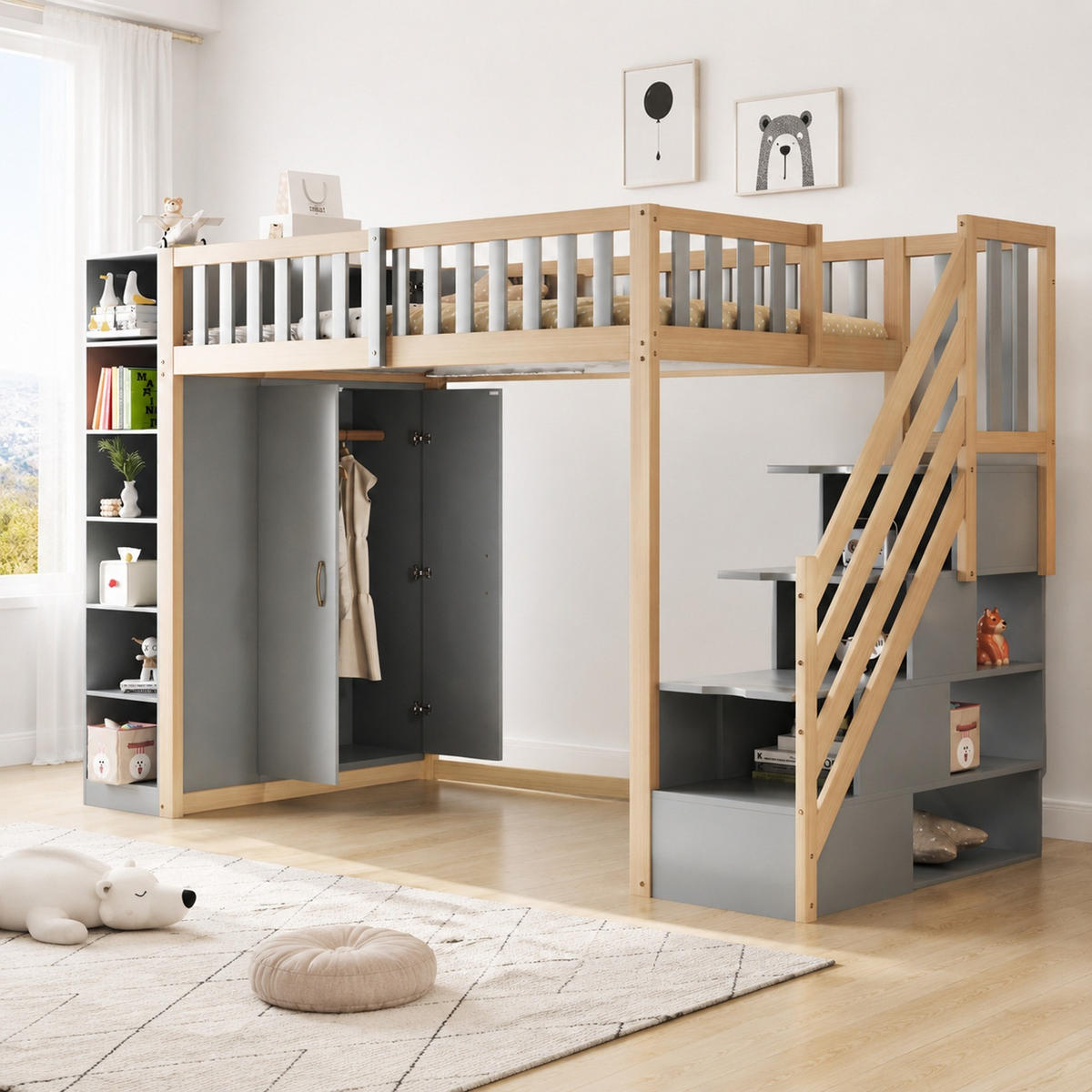HOCHBETT 90/200 mit Kleiderschrank, Regalen und Sicherheitsleiter - Naturfarben/Grau, Holz/Holzwerkstoff (90/200cm) - EVRYAE