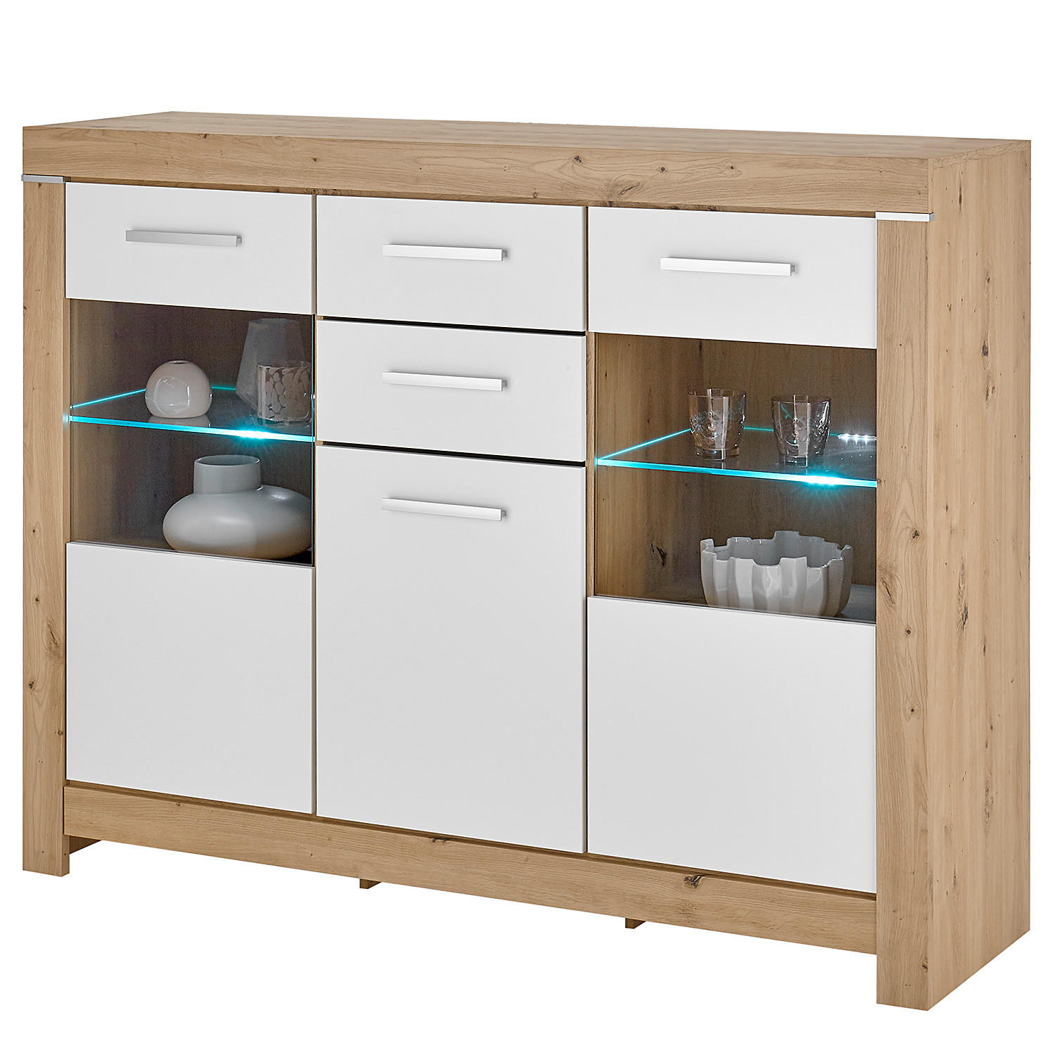 BELEUCHTETES SIDEBOARD - Weiß / Eiche Artisan Dekor - Eichefarben/Silberfarben, Holzwerkstoff/Kunststoff (160/125/45cm) - home24