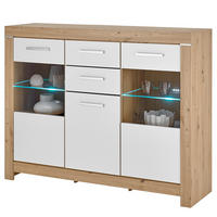 BELEUCHTETES SIDEBOARD - Weiß / Eiche Artisan Dekor - Eichefarben/Silberfarben, Holzwerkstoff/Kunststoff (160/125/45cm) - home24