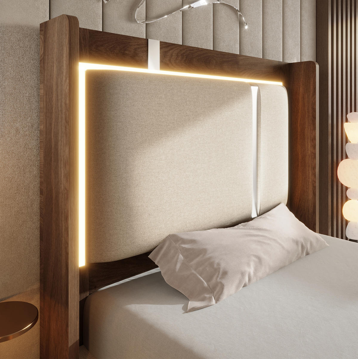 POLSTERBETT 90/200 cm aus Leinen und Holz mit LED und Bettkasten Beige - Beige, Textil (90/200cm) - Modenvie