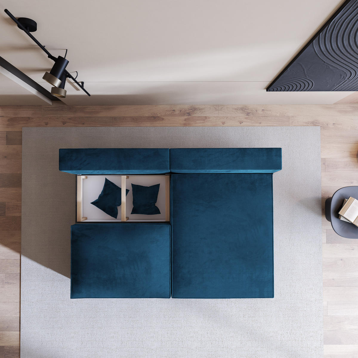 ECKSOFA FIORO M Blau Velours-Stoff mit Schlaffunktion - Blau/Grau, Holz/Kunststoff (204/148cm) - MASSENO