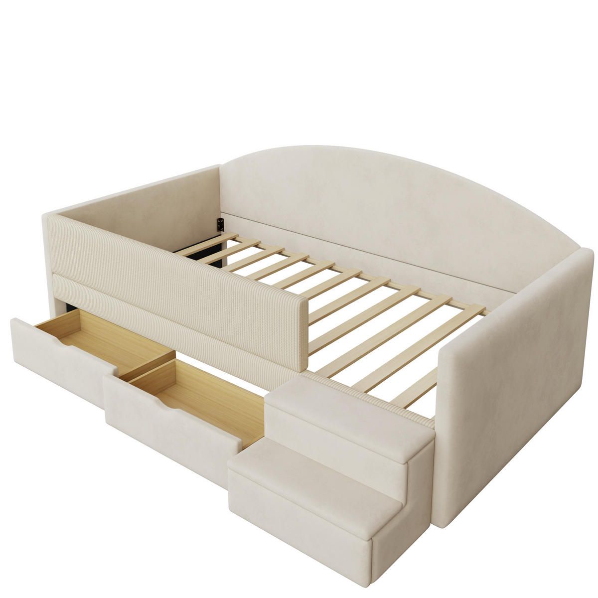 KINDERBETT 90/190 cm in Beige mit 2 Schubladen und Stufen Samt im geschwungenen Design - Beige, Holzwerkstoff/Textil (90/190cm) - STILVORA