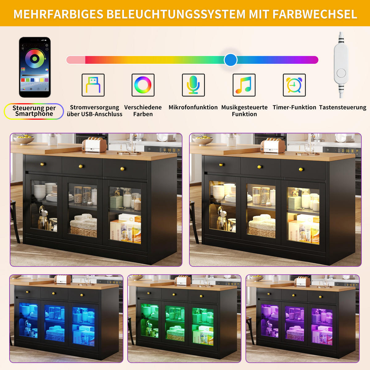 KÜCHENINSEL Ausziehbar LED Glastüren 3 Schubladen - Schwarz, Holzwerkstoff (40/120/75.5cm) - FLIEKS