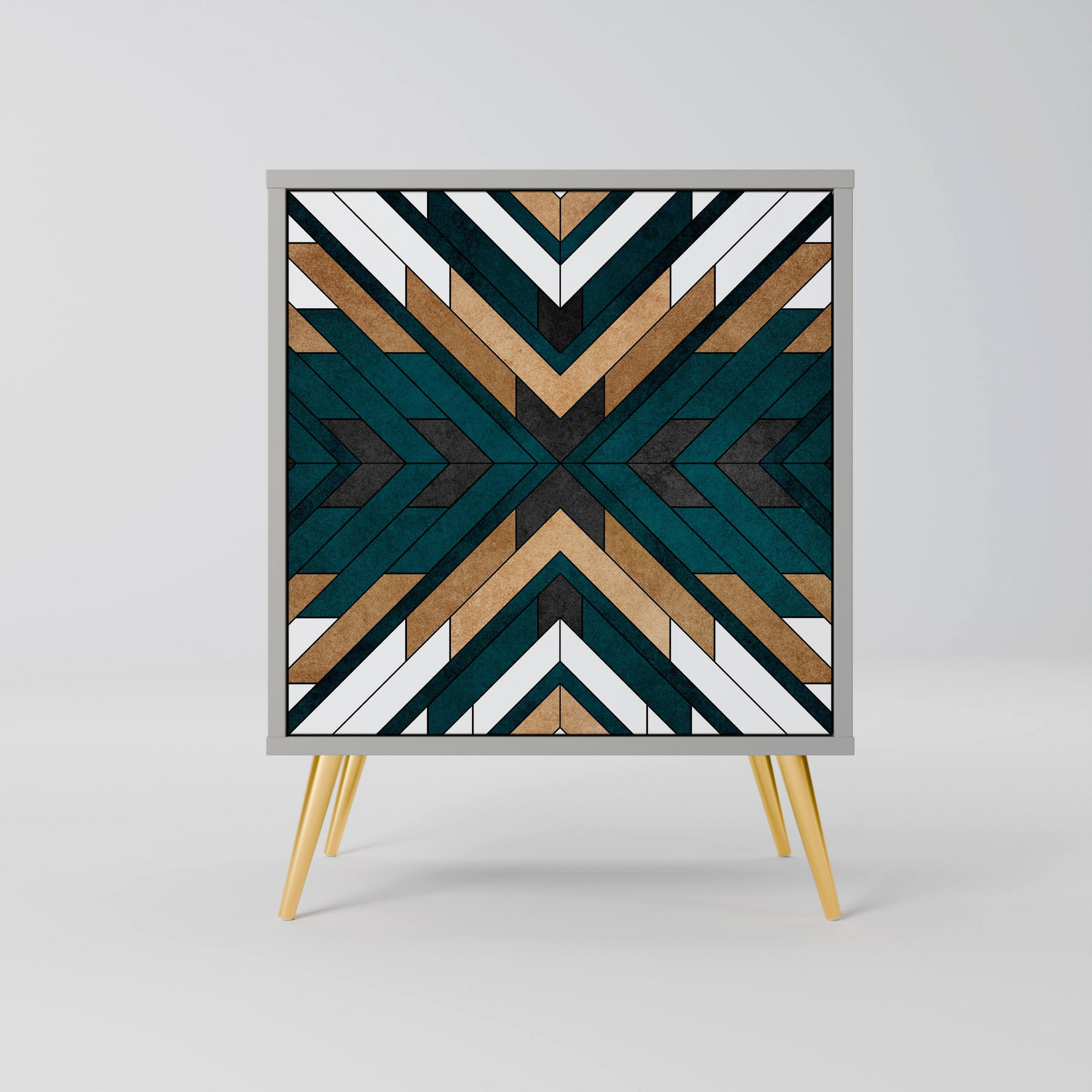 SIDEBOARD ARTISTIC GEOMETRY, Grau, 57,5x42x75,5 cm, Goldfarbene Metallfüße - Goldfarben/Multicolor, Holzwerkstoff/Metall (57.5/75.5/42cm) - SpaceRebels