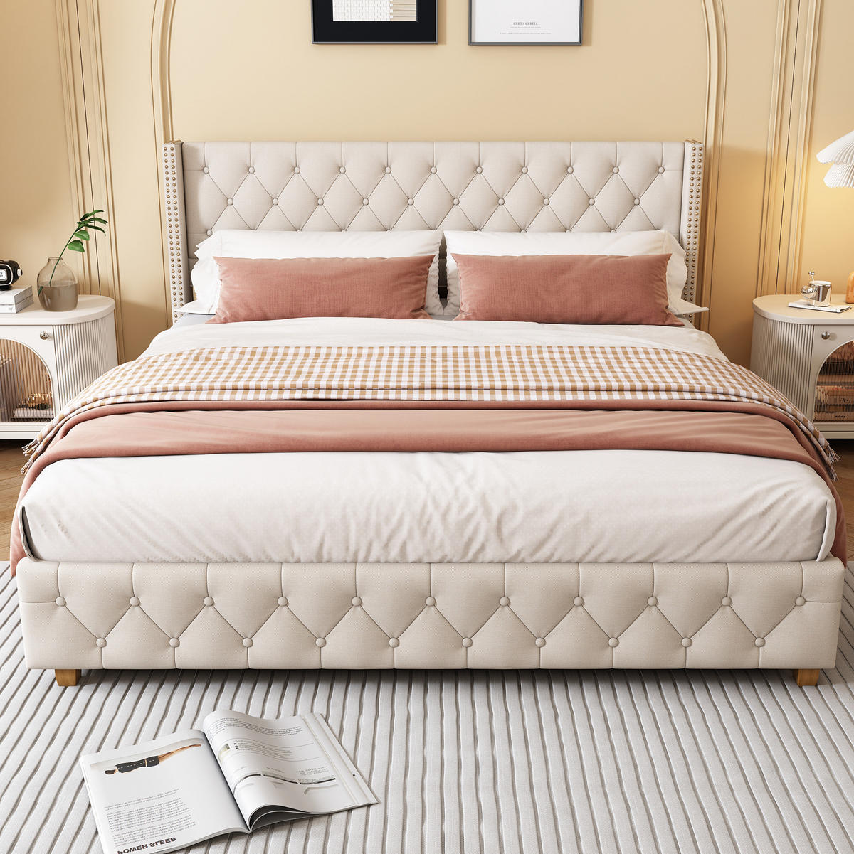 POLSTERBETT 180/200 cm Beige mit Lattenrost und Nietenverzierungen - Weiß, Textil (180/200cm) - OKWISH