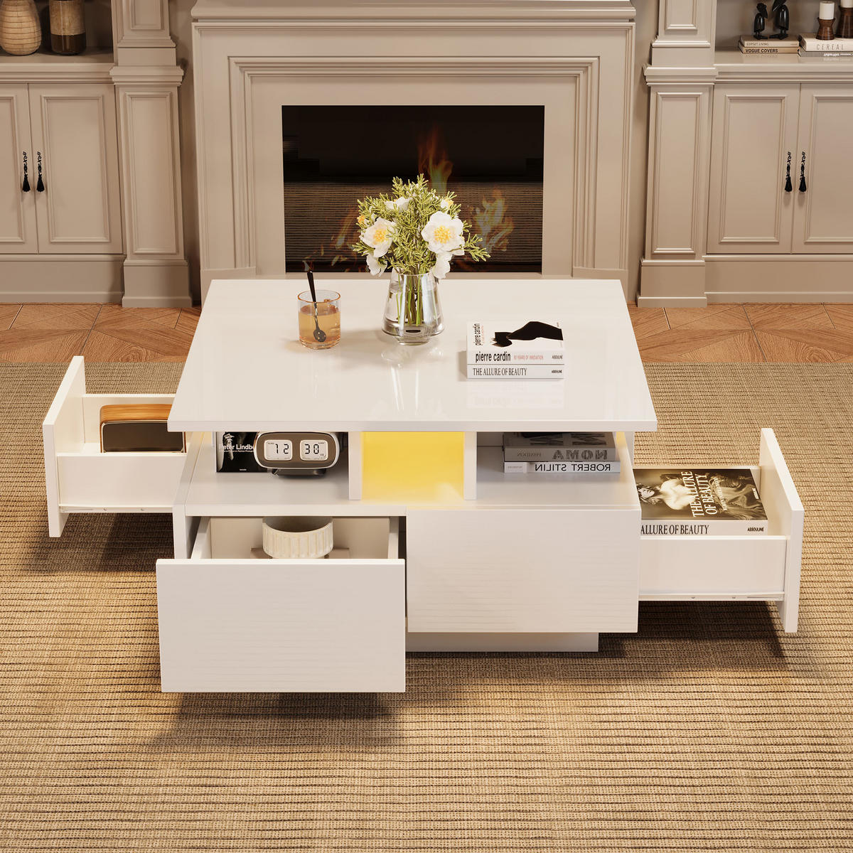 COUCHTISCH Weiß Hochglanz, 4 Schubladen, 3‑schichtiges Stauraumdesign mit LED (App‑Steuerung), 70/70/40 cm,Weiß - Weiß, Holzwerkstoff (70/70/40cm) - Redom