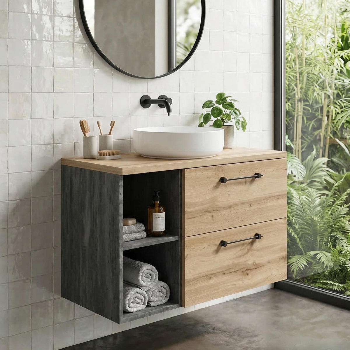 WASCHBECKENUNTERSCHRANK Muro 2 Schubladen Eiche - 90 x 45 x 61 cm - Eichefarben, Holz (90/61/45cm) - Badplaats