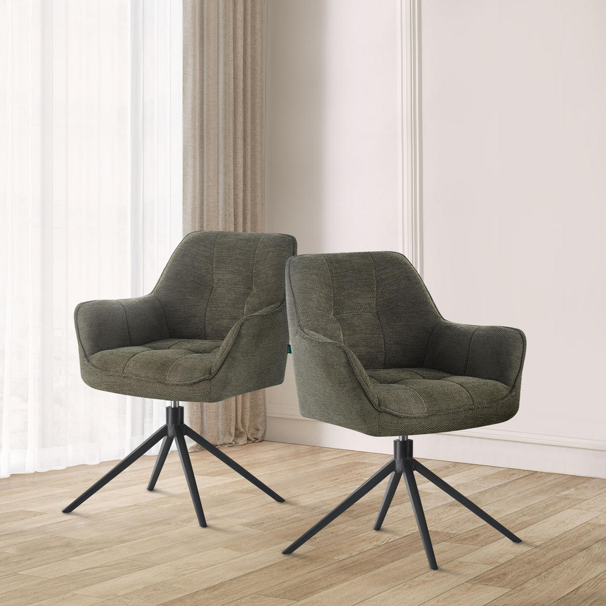 ESSZIMMERSTUHL THOMAS-MIRA 2er-Set 360°drehbar - Dunkelgrün/Schwarz, Textil (61/82/62cm) - DUBI Möbel