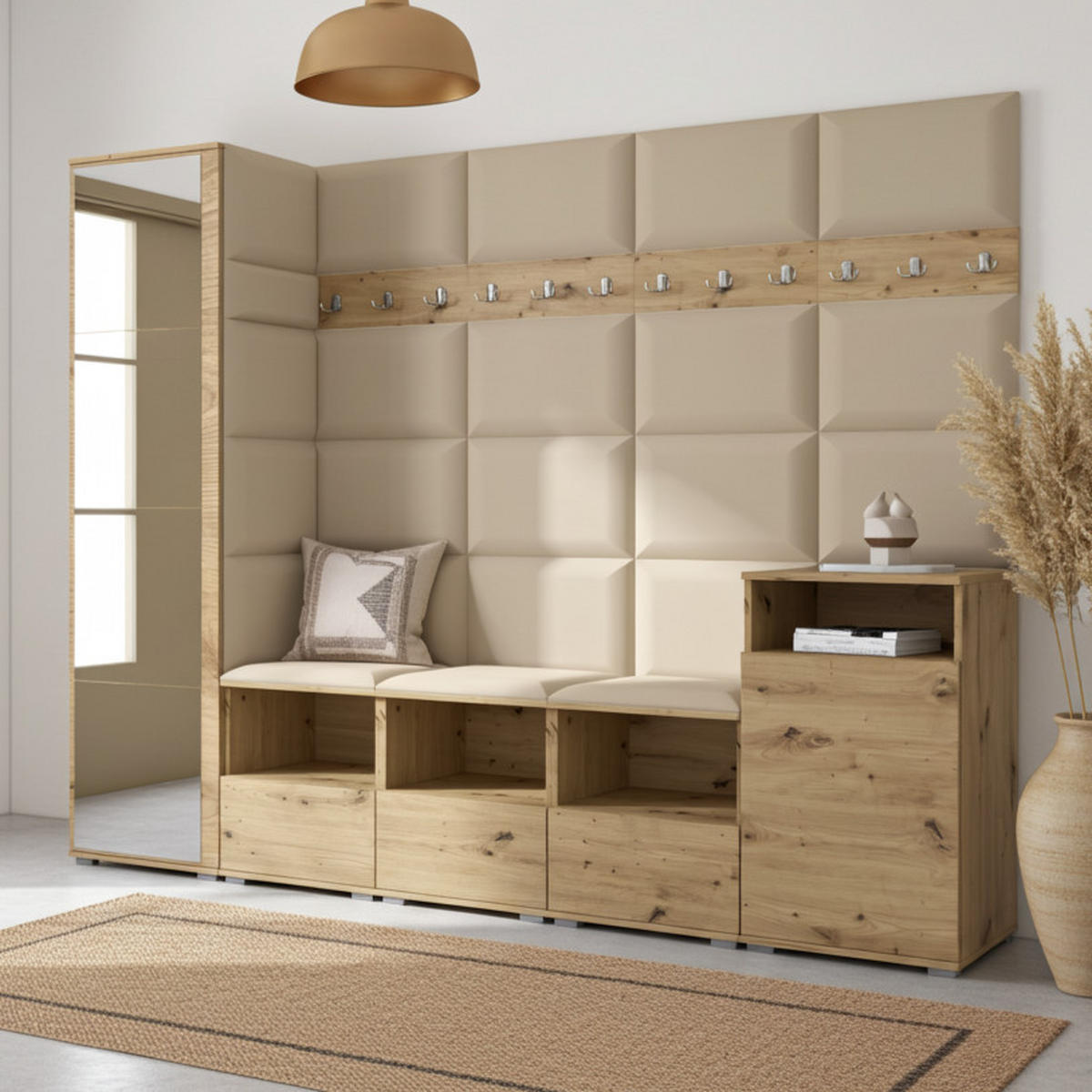 GARDEROBE NELA XI 250 cm (Modulare Flurmöbel Artisan Eiche mit Spiegel & Sitzpolster Beige 04 Großes Set) - Beige/Silberfarben, Holz/Holzwerkstoff (250/187/40cm) - Ravio