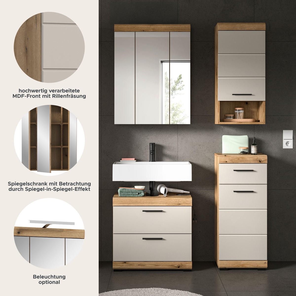 BAD-SET SCOUT 4-tlg. (B/H/T: ca. 112/191/34 cm) in Evoak Oak Nachbildung/- - Eichefarben, Holz (112/191/34cm)