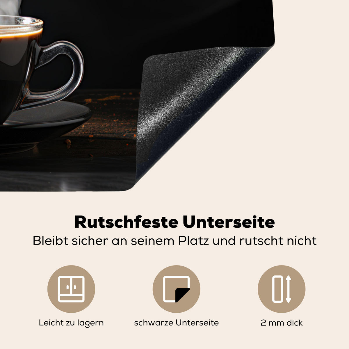 HERDABDECKPLATTE Kaffee - Schwarz - Bohnen - Heiß - Tasse Herdabdeckung Induktionsfeld 70x52 cm - Schwarz, Kunststoff (70/52/0.2cm) - MuchoWow