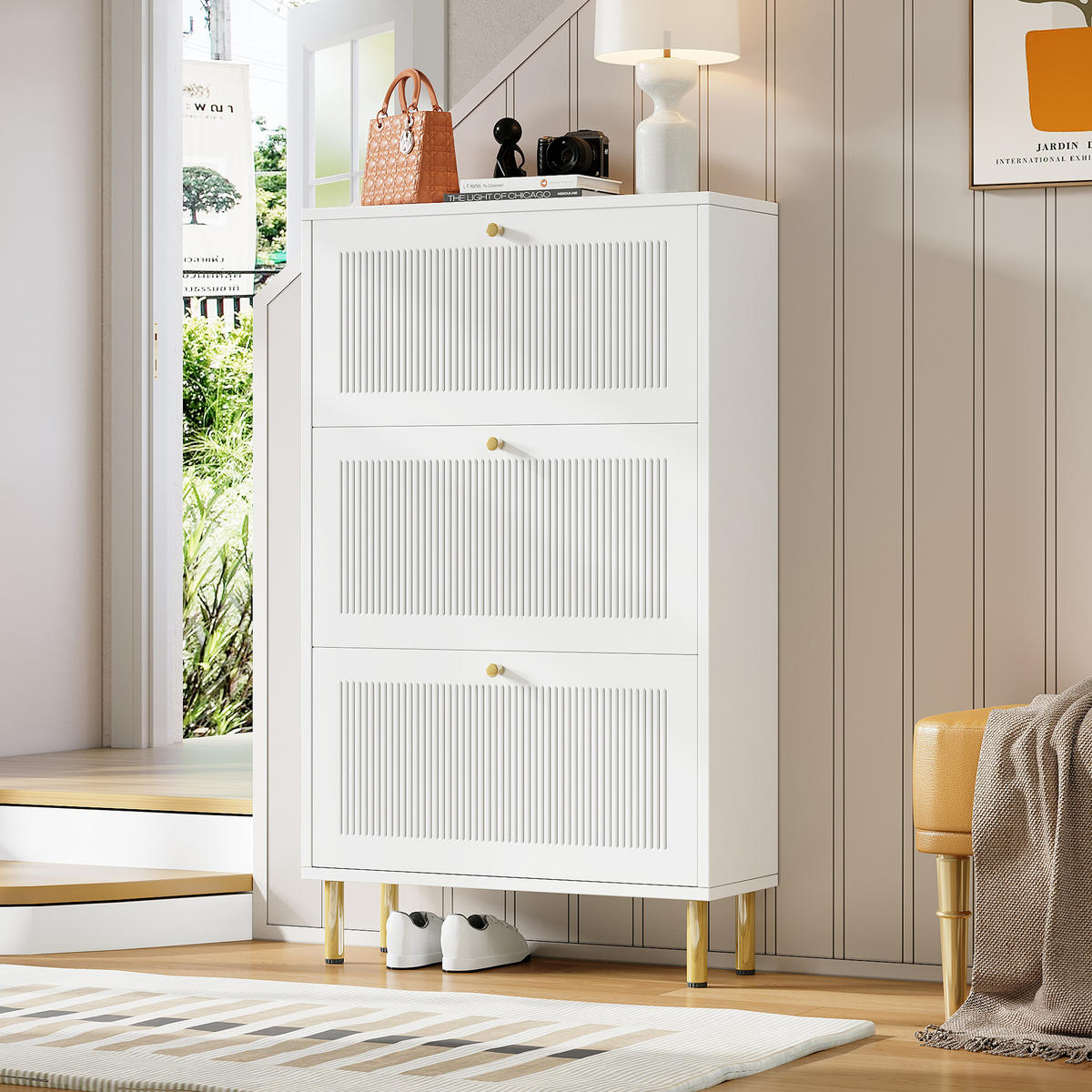 SCHUHSCHRANK aus MDF & Spanplatte 73x23x125cm in Weiß mit 3 Klapptüren - Weiß, Holzwerkstoff (73/125/23cm) - Modfu