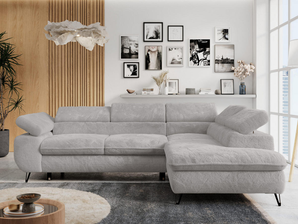 ECKSOFA PETER L Hellgrau Plüsch - Rechts Seite - Hellgrau/Schwarz, Textil/Metall (273/208cm) - MKS