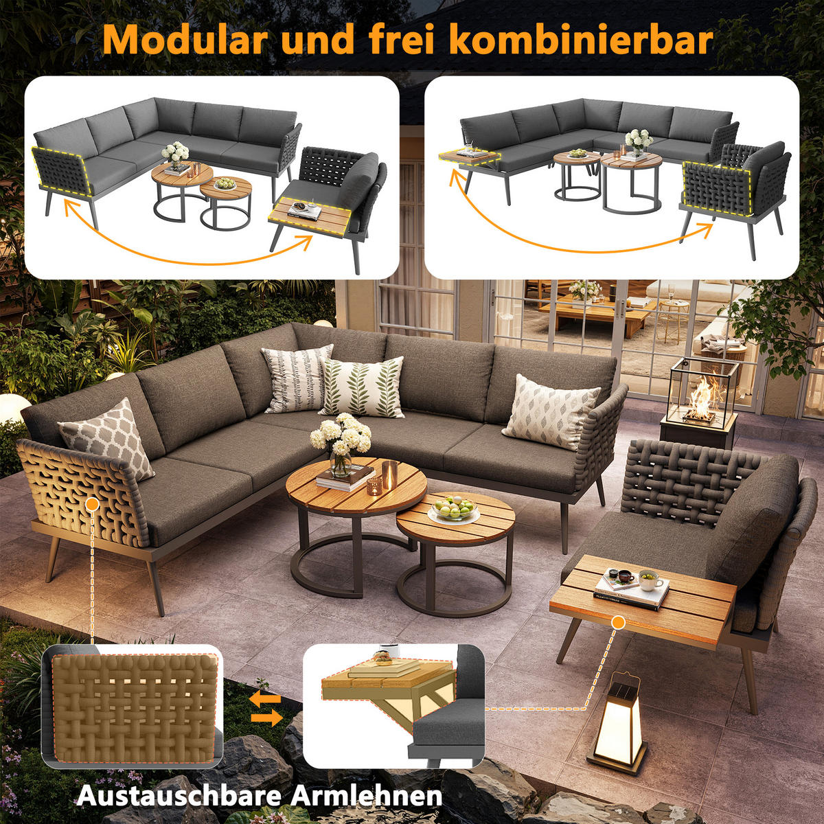 GARTENSET L-Form 6 Personen Grau Inkl. 2 Tische & Sessel Mit Polstern - Grau, Metall - FLIEKS