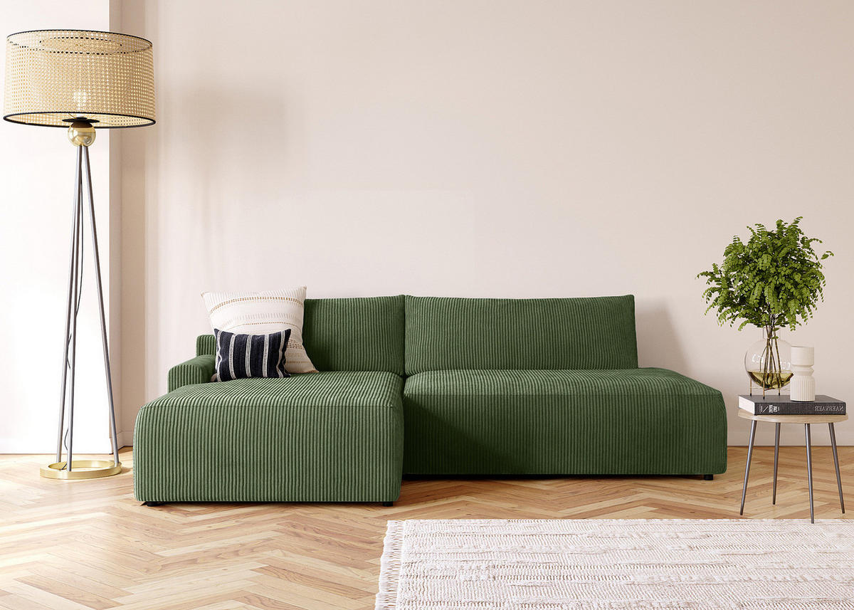 ECKSOFA mit Schlaffunktion - Longchair - Schwarz/Grün, Kunststoff/Textil (253/167cm) - home24
