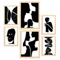 POSTER Set Mit 6 Atavistischer Kopf In Liebhaber Abstrakt Ästhetische Dekorative Gemälde Für Ihr Wohnzimmer Zuhause A3 & A4 Rahmen Aus Hellem Holz - Beige, Papier (29/3cm) - Nacnic