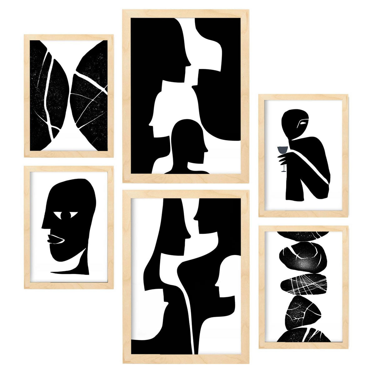 POSTER Set Mit 6 Atavistischer Kopf In Liebhaber Abstrakt Ästhetische Dekorative Gemälde Für Ihr Wohnzimmer Zuhause A3 & A4 Rahmen Aus Hellem Holz - Beige, Papier (29/3cm) - Nacnic