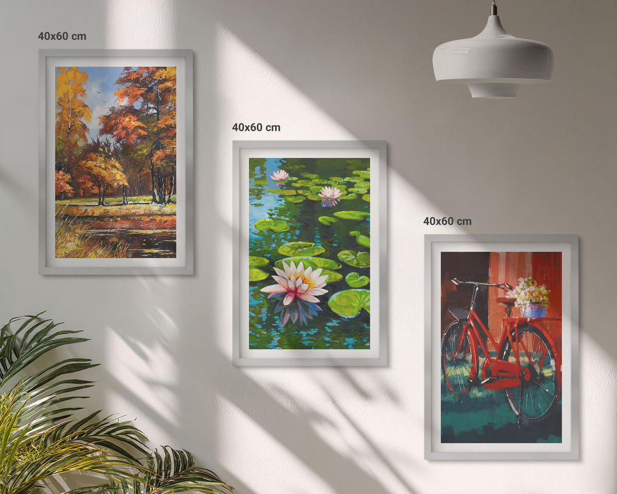 WANDBILDER 3er Set - 40x60 cm Silberner Rahmen - Herbstfarbene Lilienterrasse - Silberfarben, Kunststoff (40/60cm) - ArtPrintCave