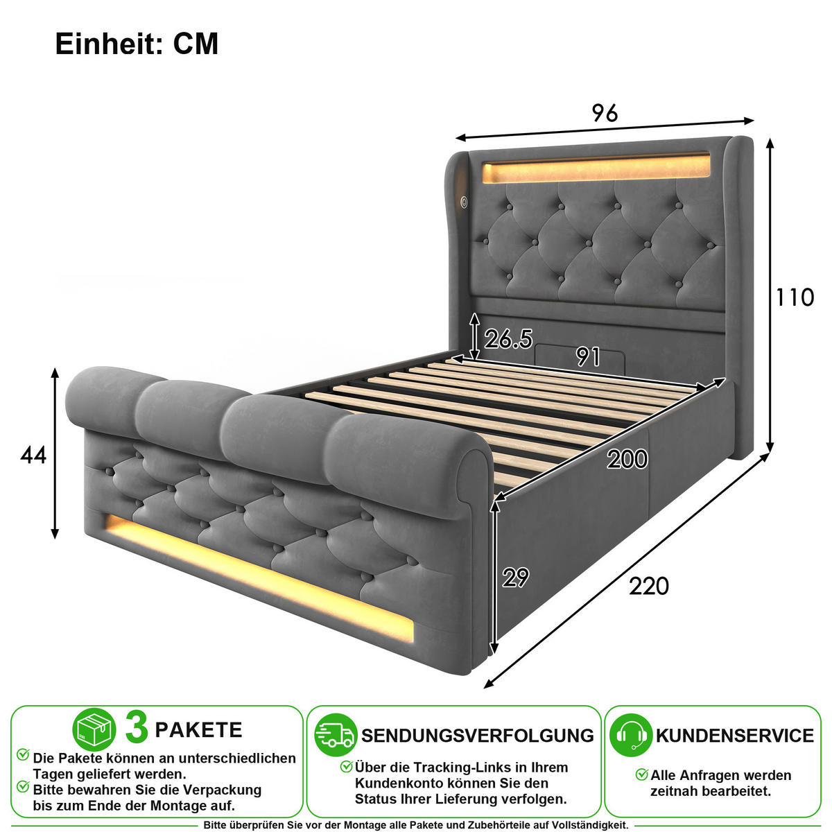 ČALOUNĚNÁ POSTEL 90/200 cm v šedé barvě s úložným prostorem, LED a USB-C ze sametu - šedá, kov/kompozitní dřevo (90/200cm) - CHICFURN