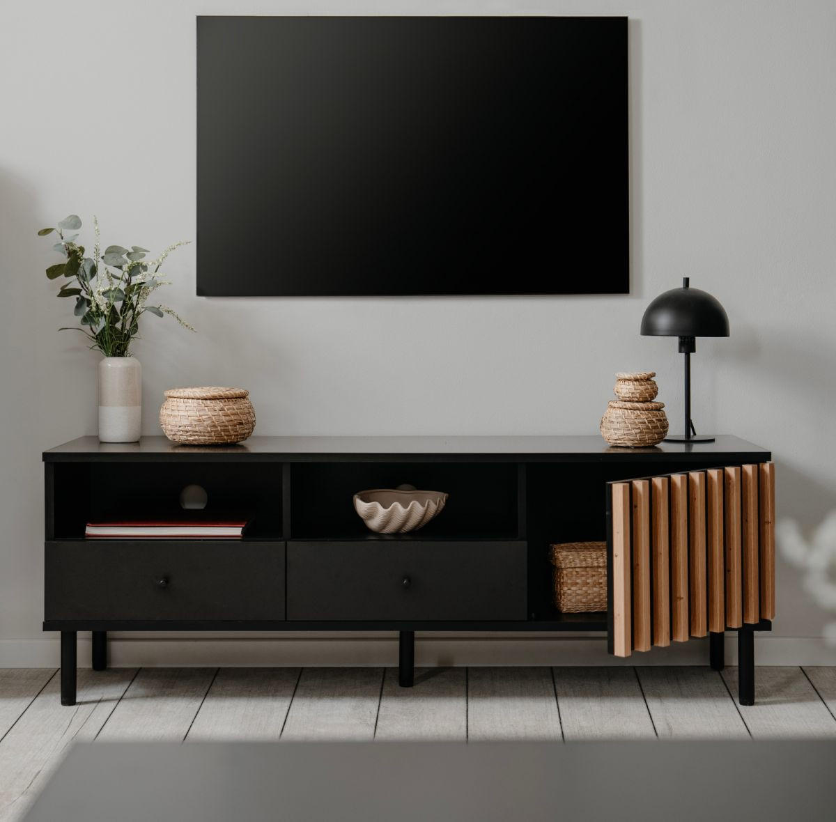TV-LOWBOARD schwarz, Eiche Artisan 138 cm, TV-Unterteil mit 3D-Lamellen - Schwarz/Eiche Artisan, Holzwerkstoff/Metall (138/49/40cm) - Furn.Design