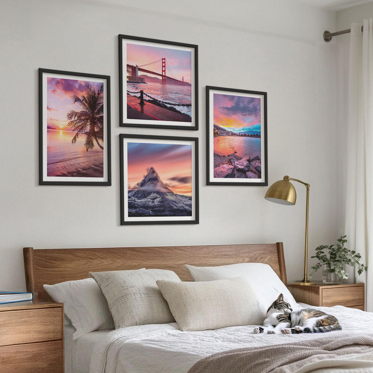 BILDER SET 4er Set - 50x50 cm & 40x60 cm Schwarzer Rahmen - Sonnenuntergangsbrücke Landschaft - Schwarz, Kunststoff (50/50cm) - TULUP