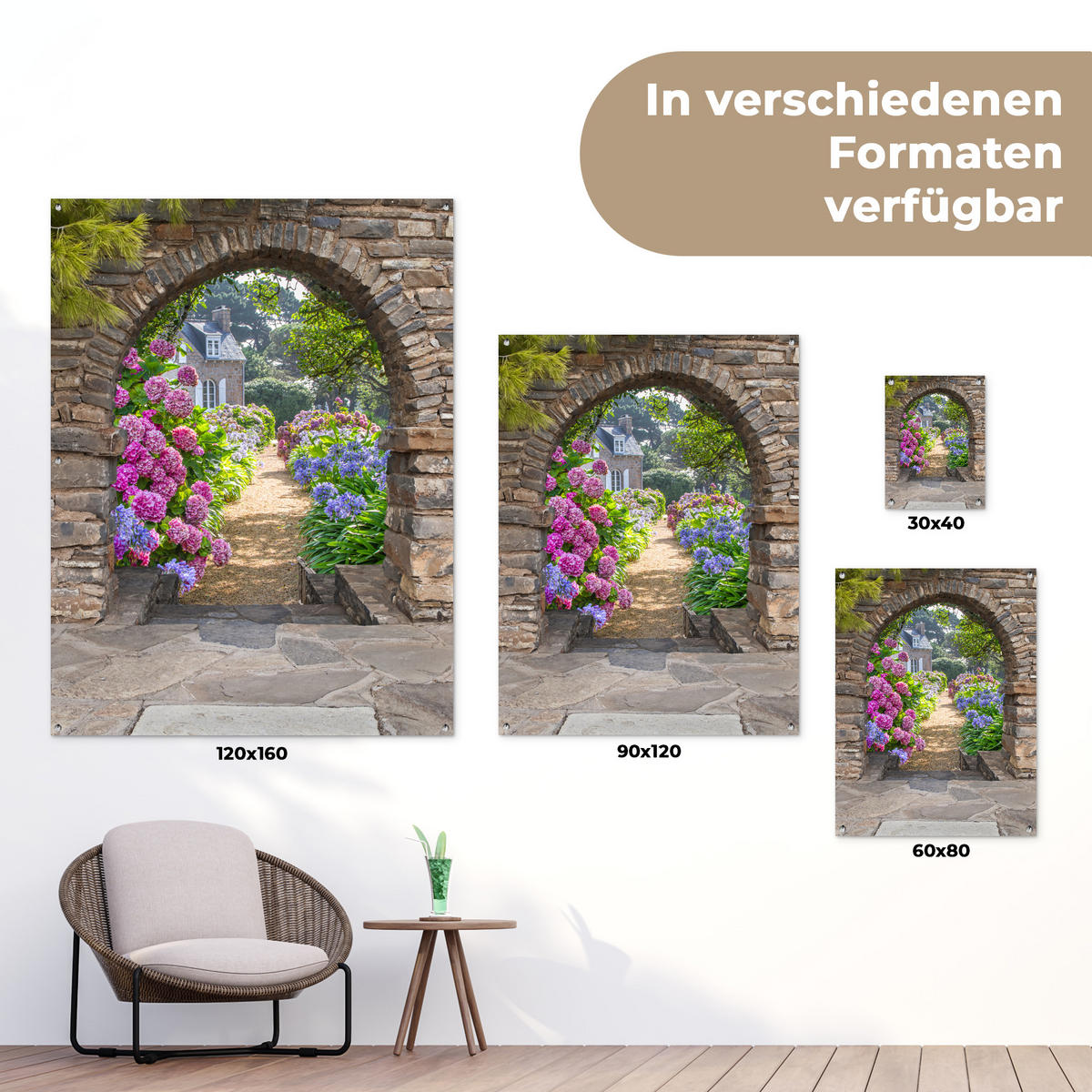 ZAHRADNÍ PLAKÁT Květiny - pohled - hortenzie - léto 120x160 cm - hnědá, plast (120/160/0.2cm) - OnlyWow