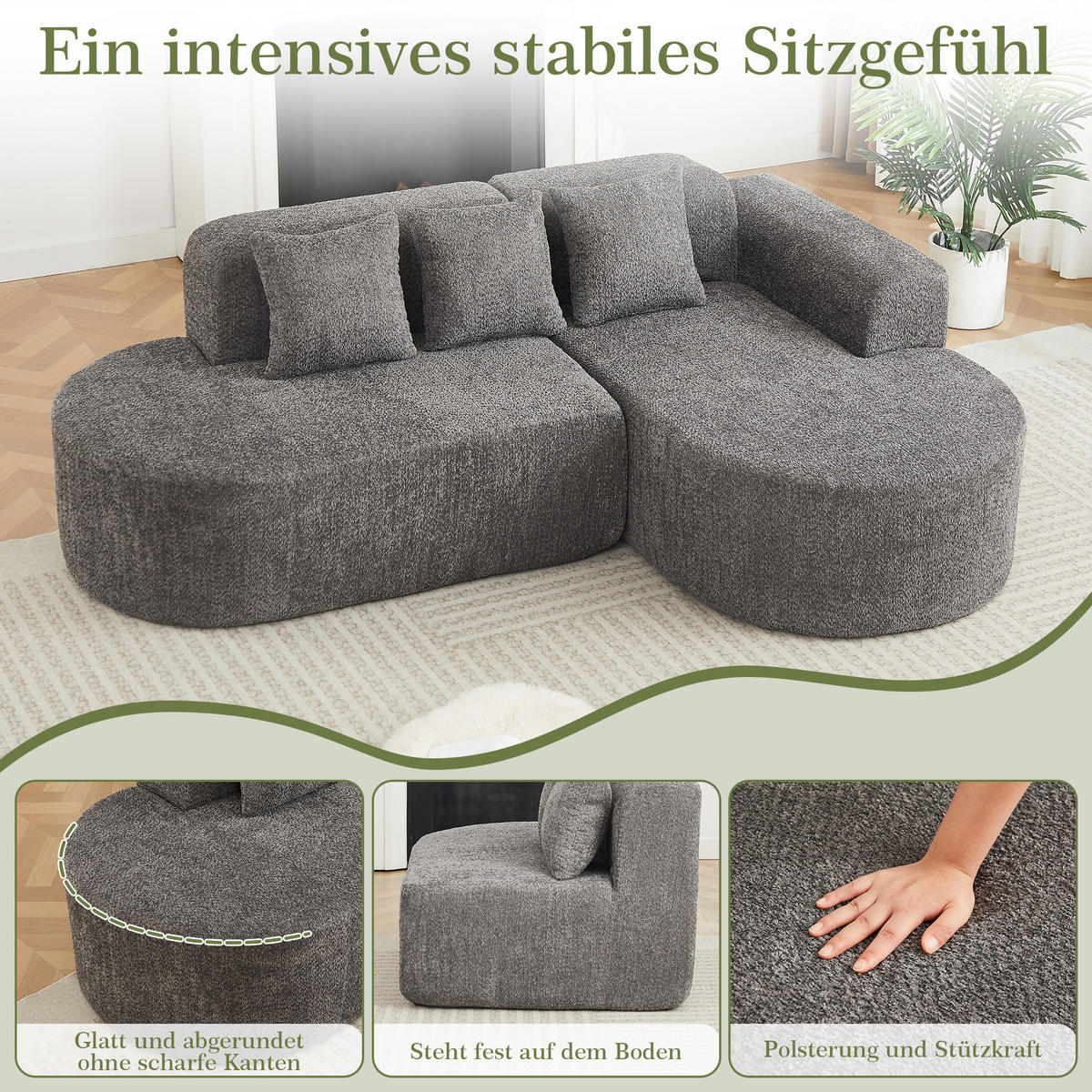 ECKSOFA 222/157/73 cm Grau Chenille mit 3 Kissen (Rechte Seite) - Anthrazit, Textil (157/222cm) - Oxeza
