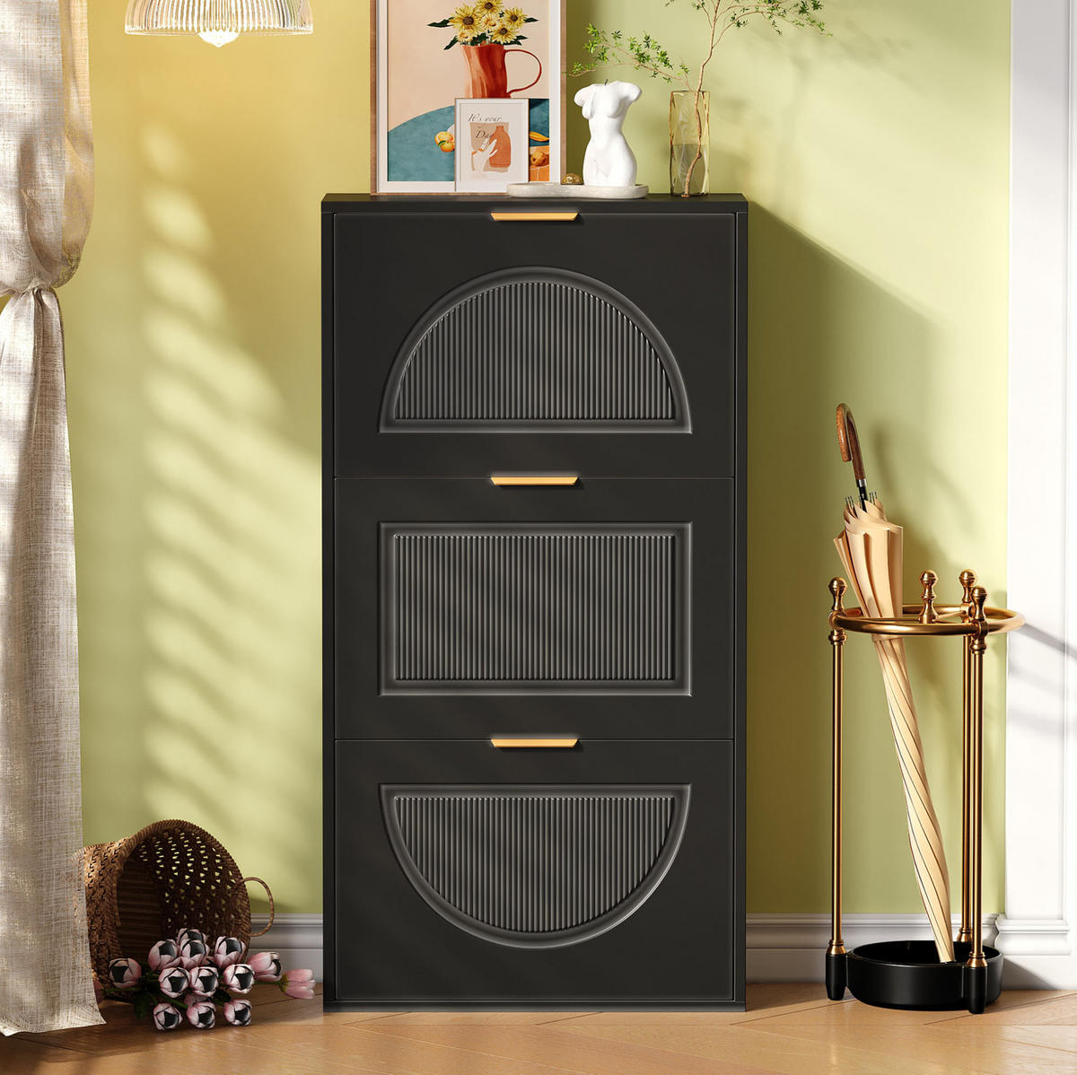 SCHUHSCHRANK 60/24/114 cm in Schwarz mit 3 Klappen und Kippsicherung - Schwarz, Holzwerkstoff (60/114/24cm) - Flora Grace