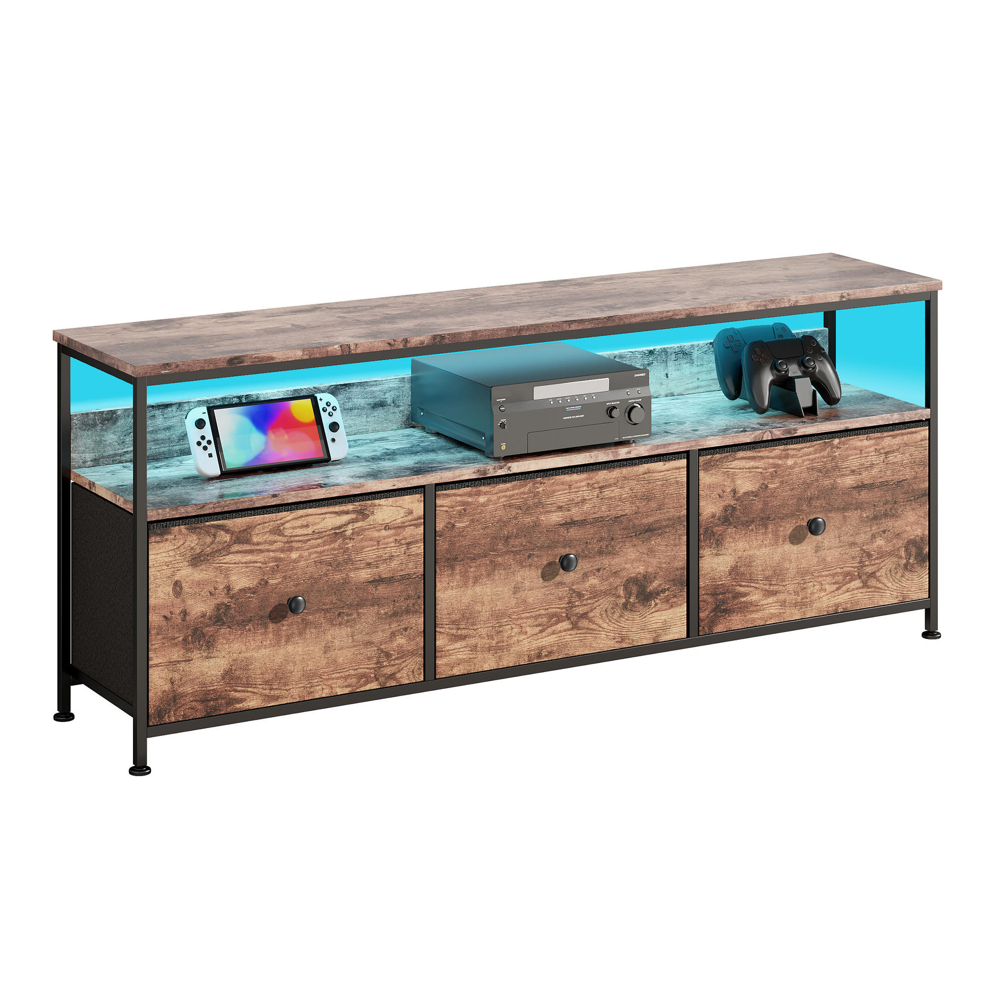 TV stolek, TV deska s LED osvětlením, 108 cm, 3 látkové zásuvky