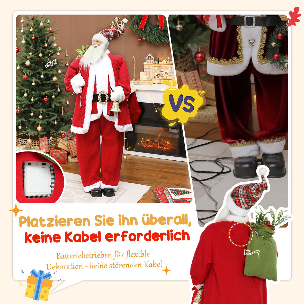 WEIHNACHTSMANN 1,6 m stehende Weihnachtsmann mit Geschenk- und Weihnachtsglock - Rot, Textil (45/160/55cm) - HOMCOM