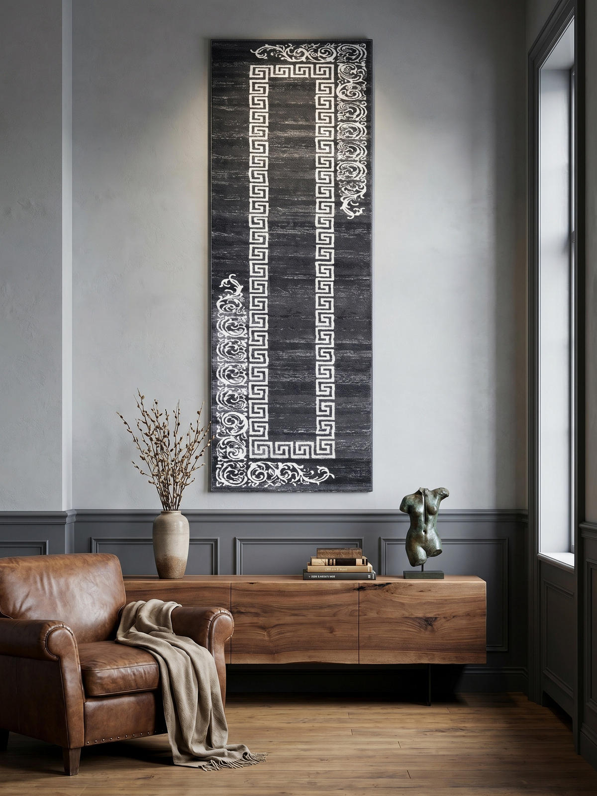 TEPPICH Kurzflor ASPEN in Grau, mit Mäander-Muster, 80 x 300 cm - Grau, Textil (80/300cm) - KADIMA DESIGN