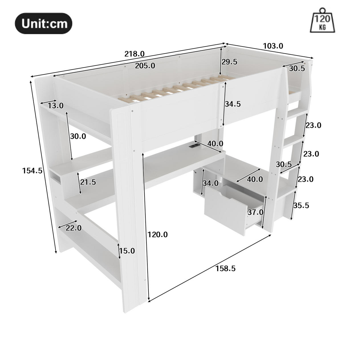 HOCHBETT 90/200 cm weiß aus Kiefernholz mit Schreibtisch, LED und Stauraum - Weiß, Holzwerkstoff (90/200cm) - OKWISH