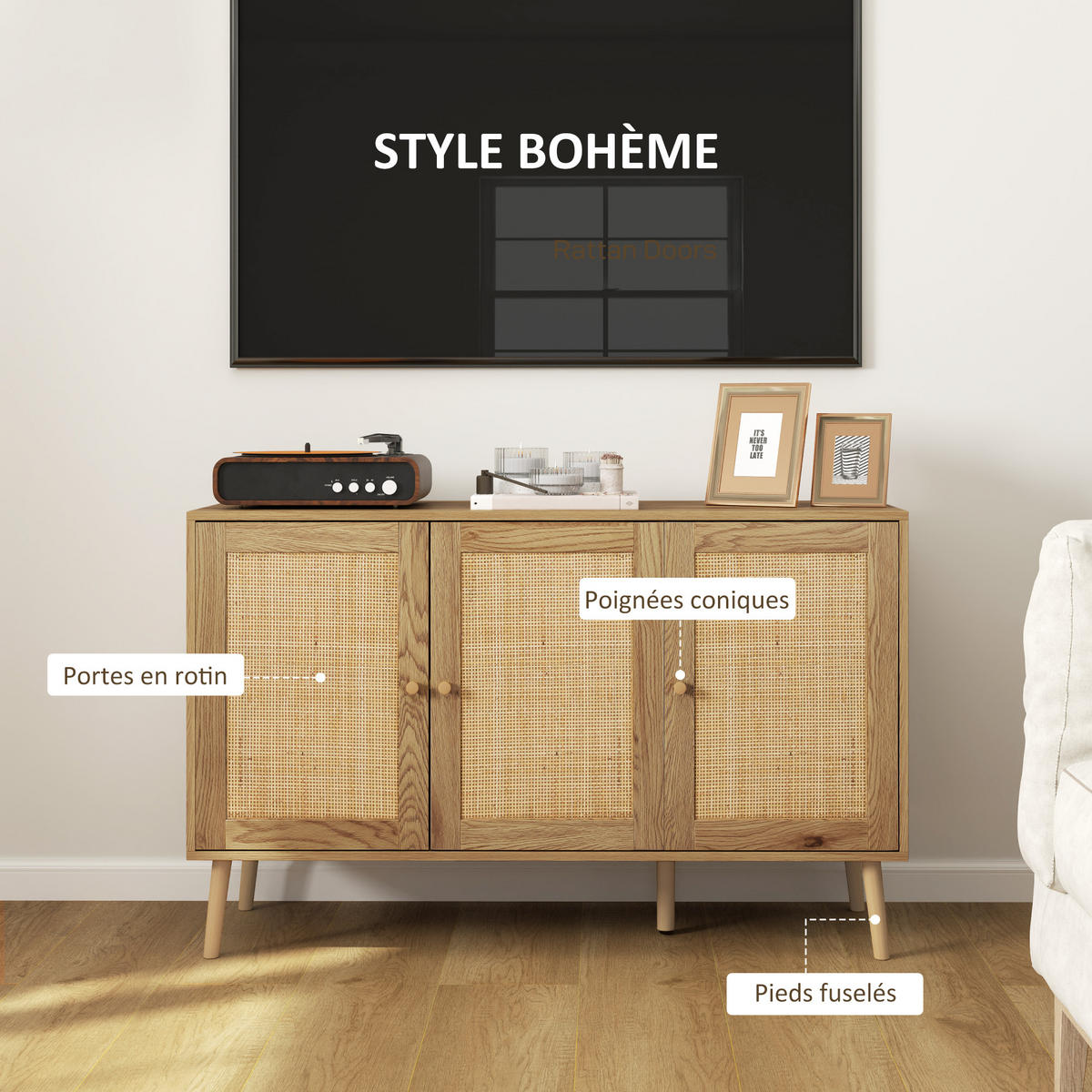 SIDEBOARD Naturfarben, Rattantüren, 120/40/75 cm - Naturfarben, Holz (120/75/40cm) - PANGIVO