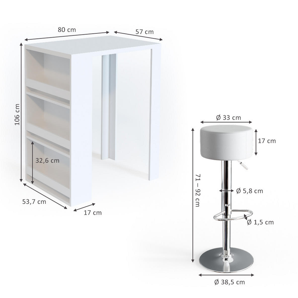 BARTISCH-SET Weiß 57 x 80 cm mit 2 Barhockern - Weiß, Holzwerkstoff (57/106/80cm) - Vicco