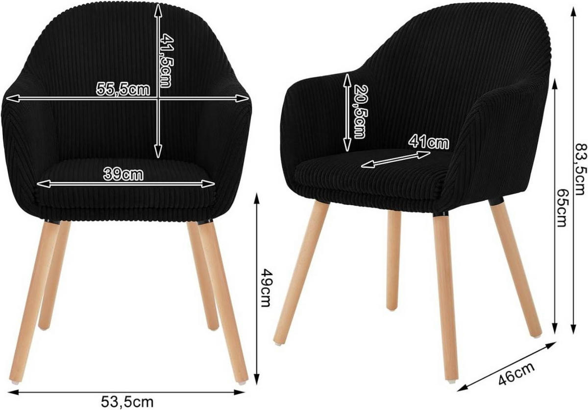 ESSZIMMERSTUHL 2er Set Polsterstuhl, Cord, Holzbeine, Schwarz - Eichefarben/Schwarz, Holz/Kunststoff (55.5/83.5/56.5cm) - Woltu