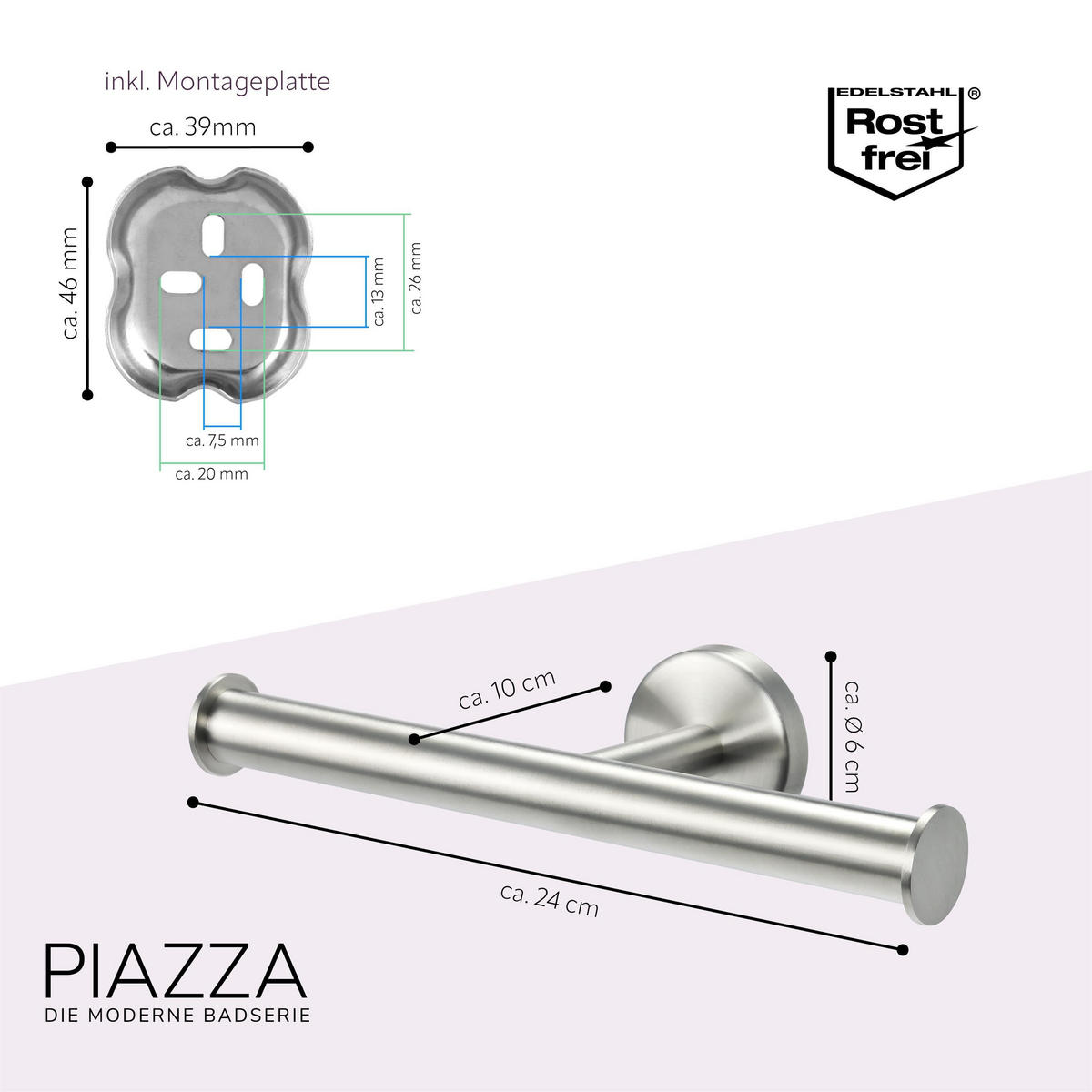 TOILETTENPAPIERHALTER PIAZZA, Edelstahl - Edelstahlfarben, Metall (24/6/10cm) - bremermann