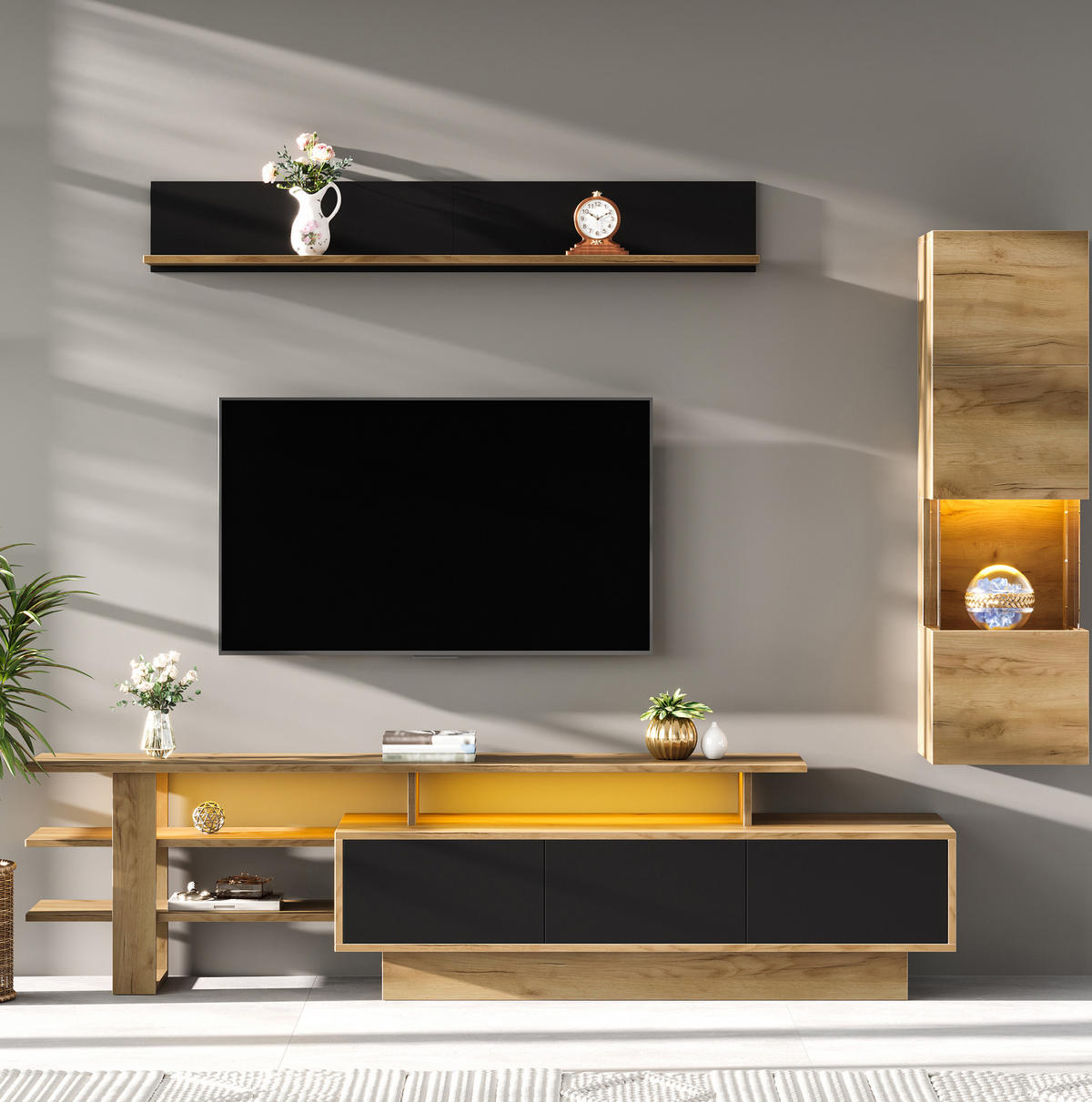 TV-WOHNWAND 3-tlg. 180 cm MDF/Acryl Natural+Black mit LED - Schwarz, Holzwerkstoff (40/45/150cm) - Beauniv