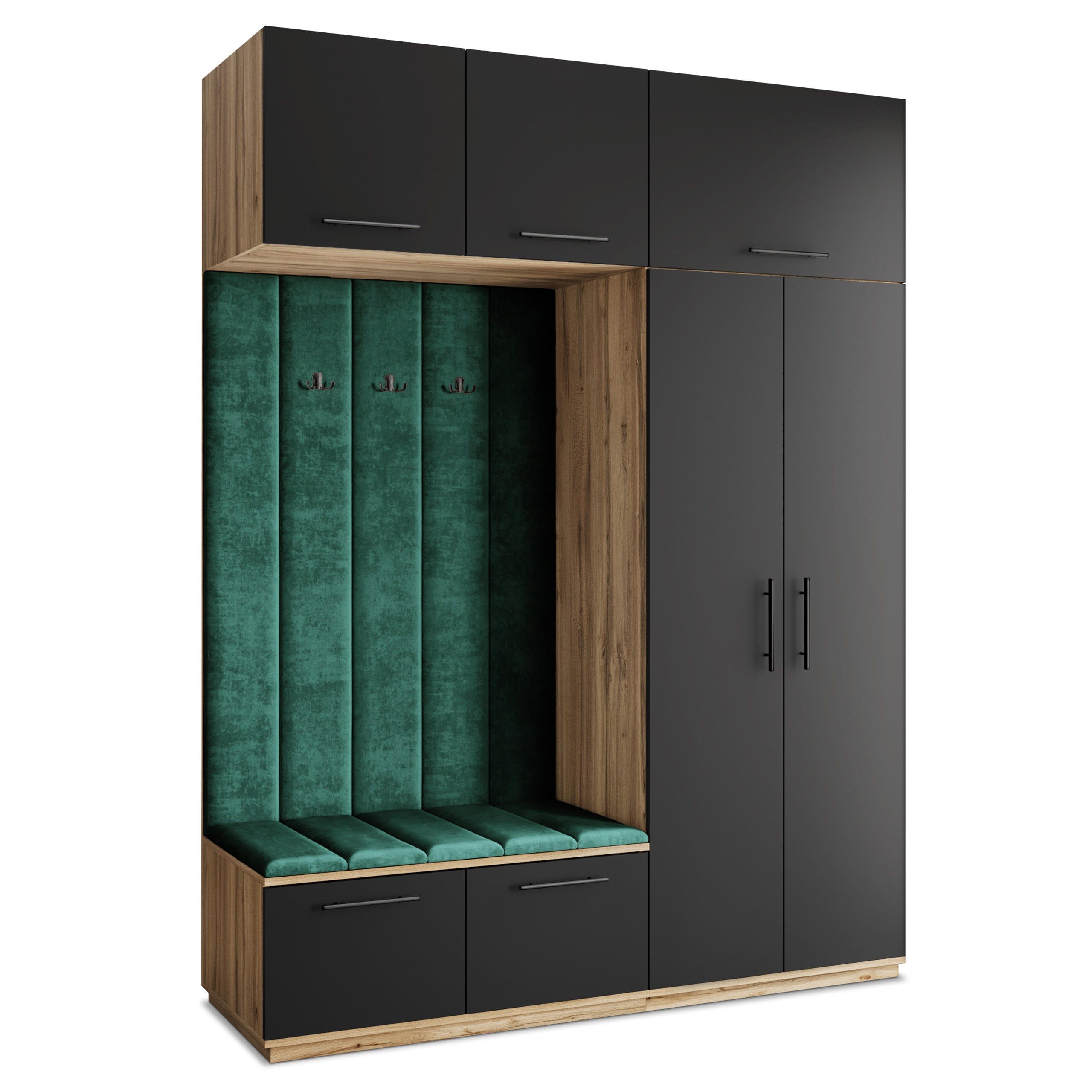 Masseno Garderobenschrank Eiche Wotan, Schwarz, Grün 180x240x60 cm