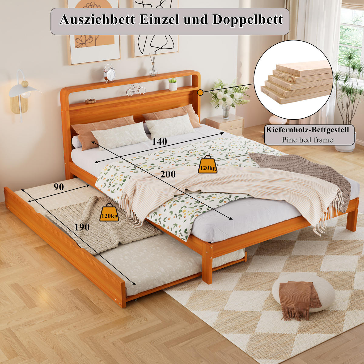 BETT 140/200 cm in Natur mit Ausziehbett, Gästebett und abgerundetem Kopfteil aus Holz - Naturfarben, Holzwerkstoff (140/200cm) - STILVORA