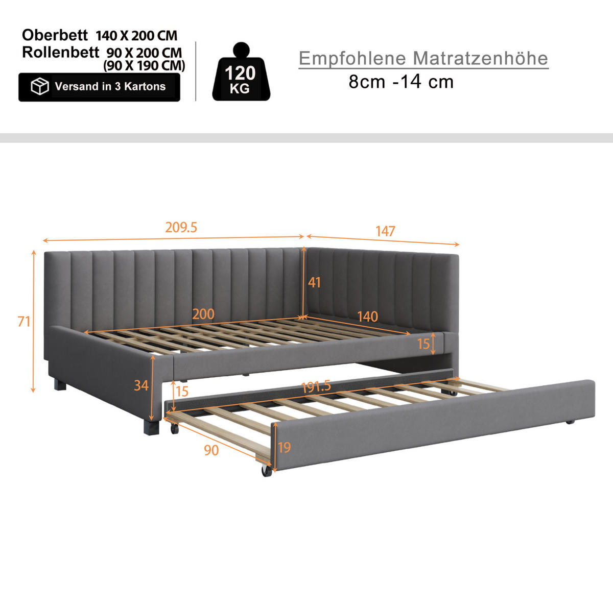 POLSTERBETT Einzelbett 140/200 cm aus Samt mit ausziehbarem Unterbett Grau - Grau, Leder (140/200cm) - Modenvie