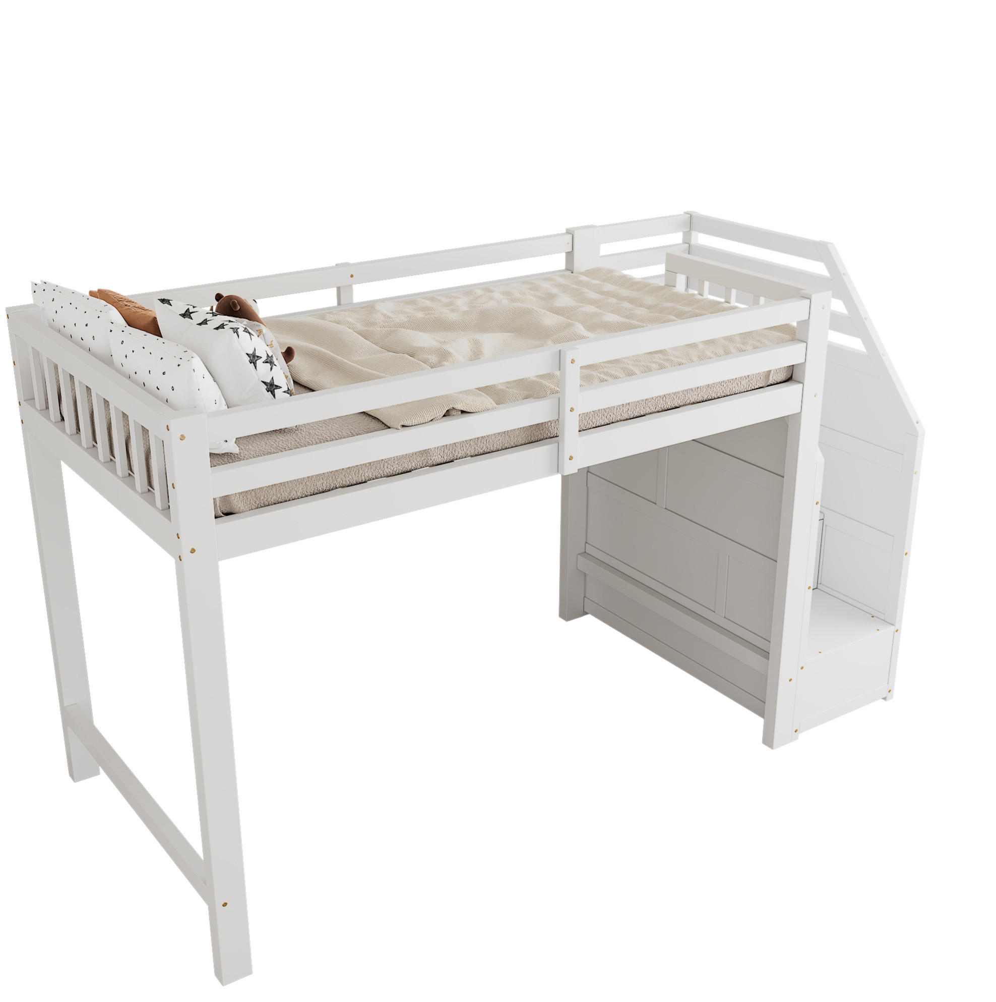 HOCHBETT 90/200 cm, Weiß mit Geländer und verstaubaren Stufen - Weiß, Holz (90/200cm) - MIVRAY